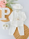 Conjunto em veludo 4 peças tema coelhinho : calças, camisola, carapins e gorro
