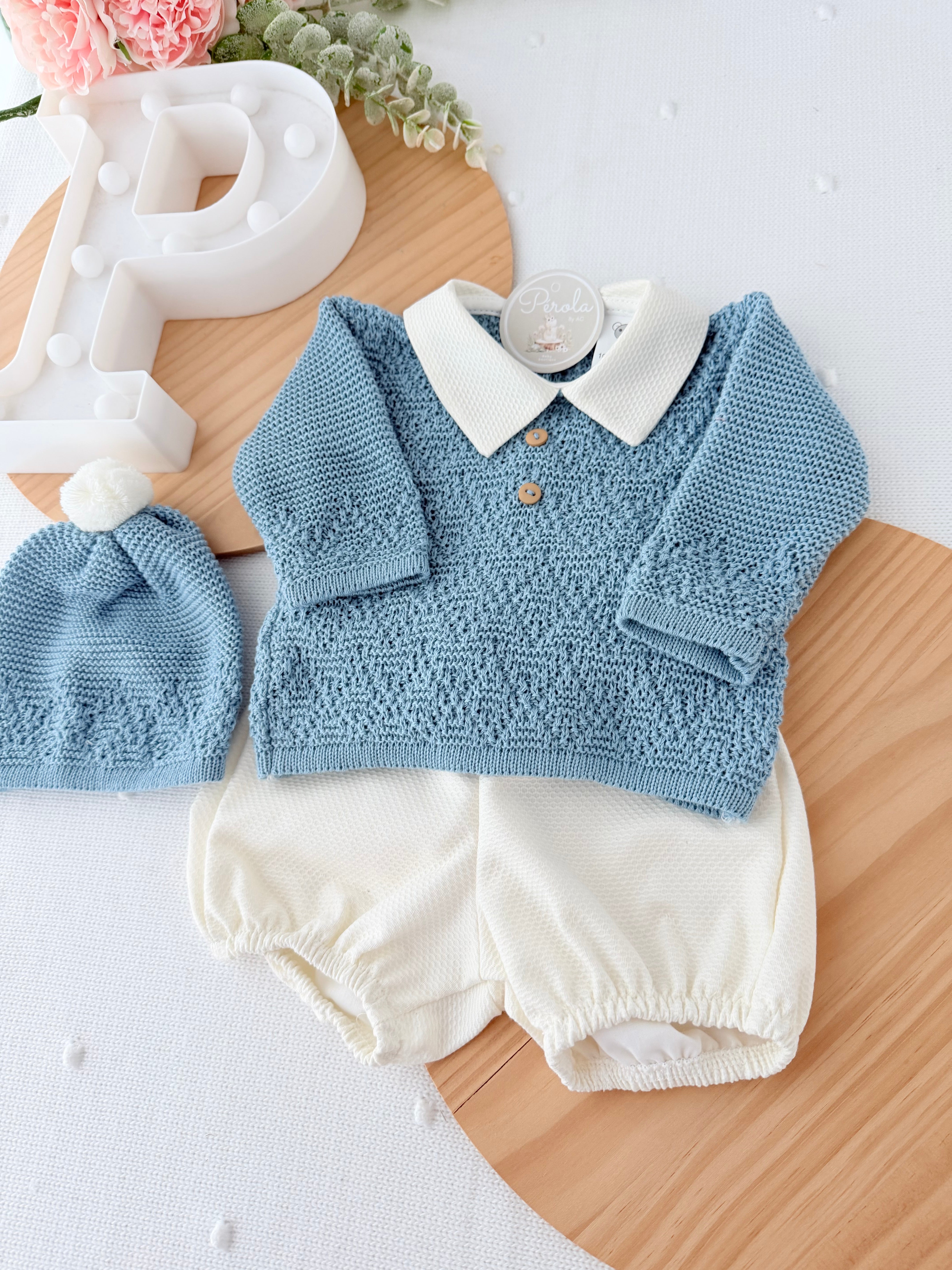 Conjunto Azulão: Camisola,gorro e calções - Primavera Verão