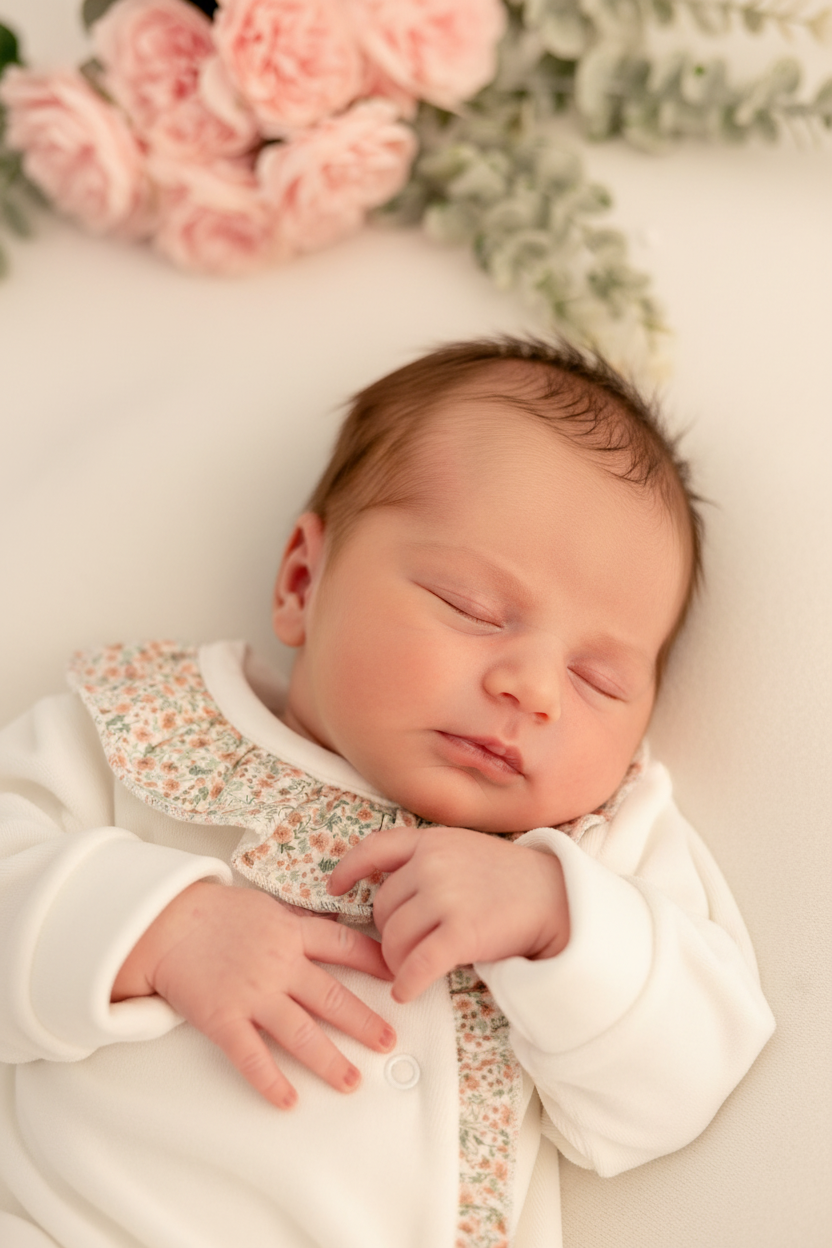 Babygrow tema flores em VELUDO pérola