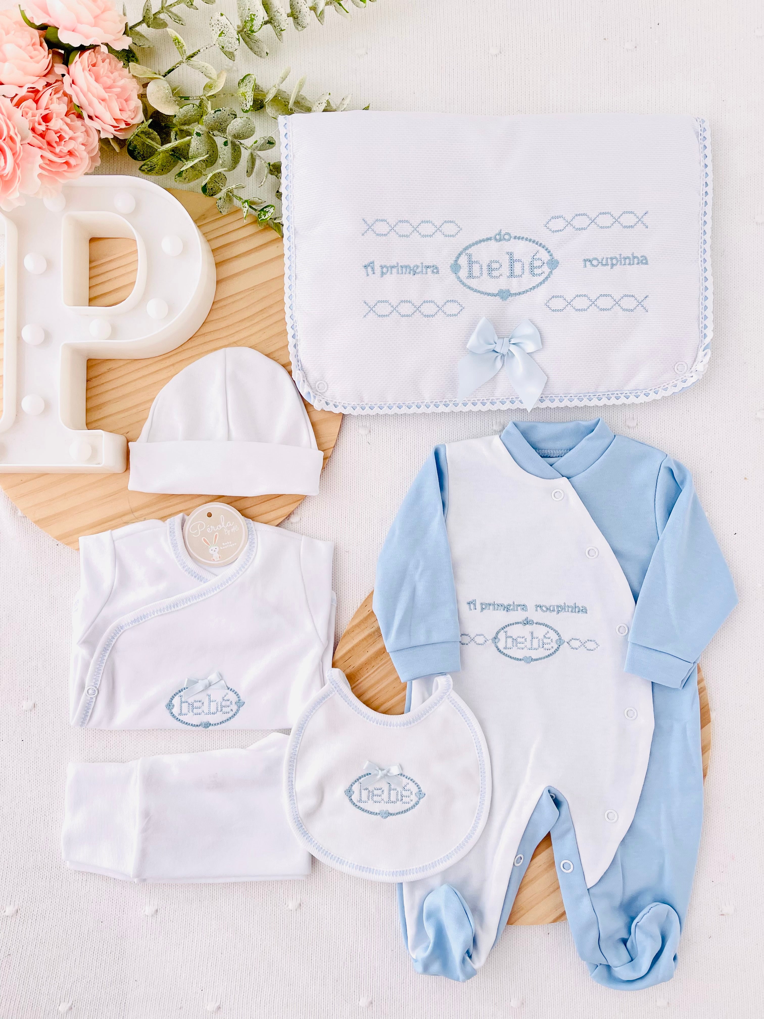 Conjunto primeira roupinha tema Bebé - 6 peças algodão