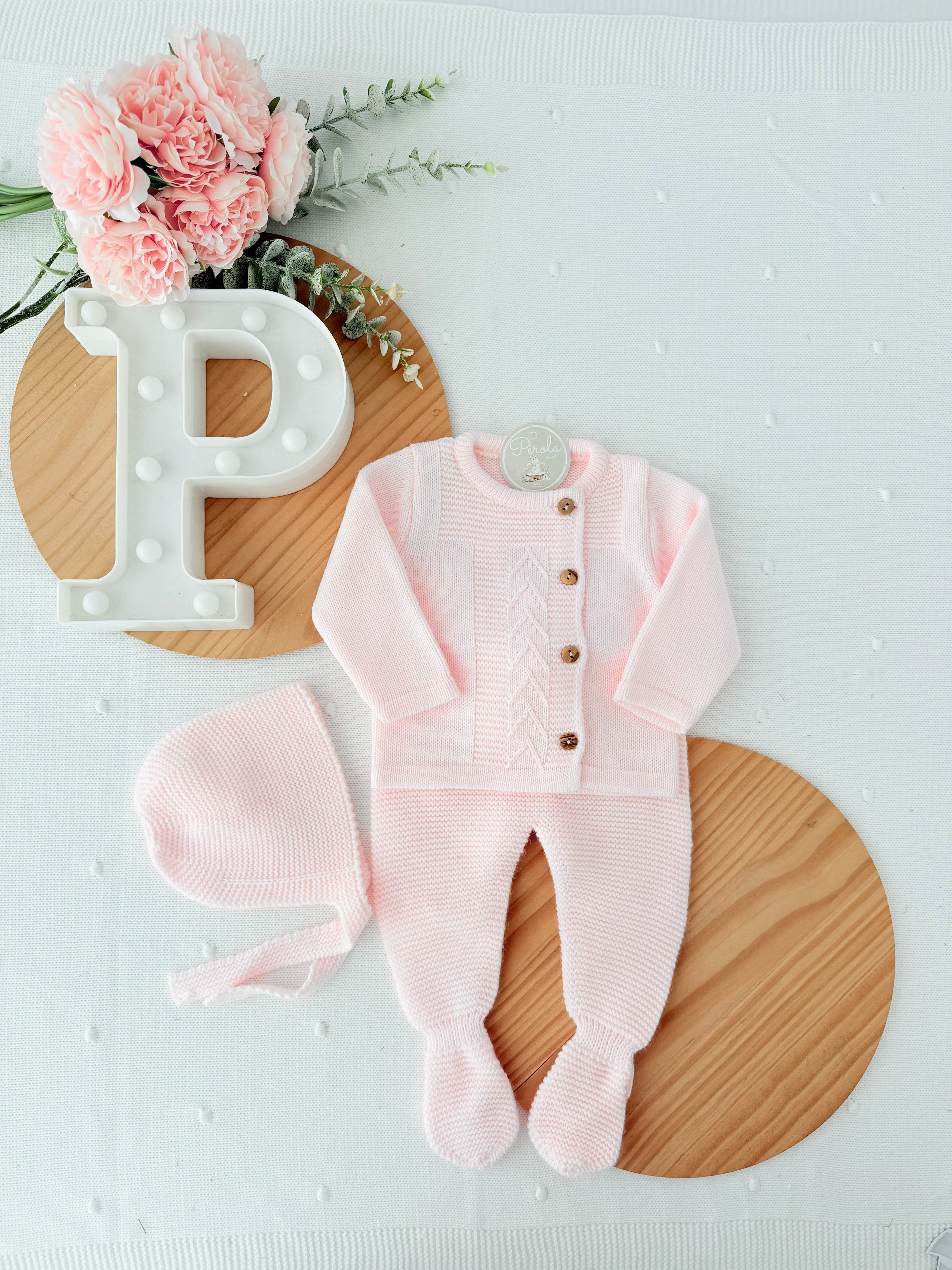 Conjunto em malha quentinha para bebés: casaco, calças e touca