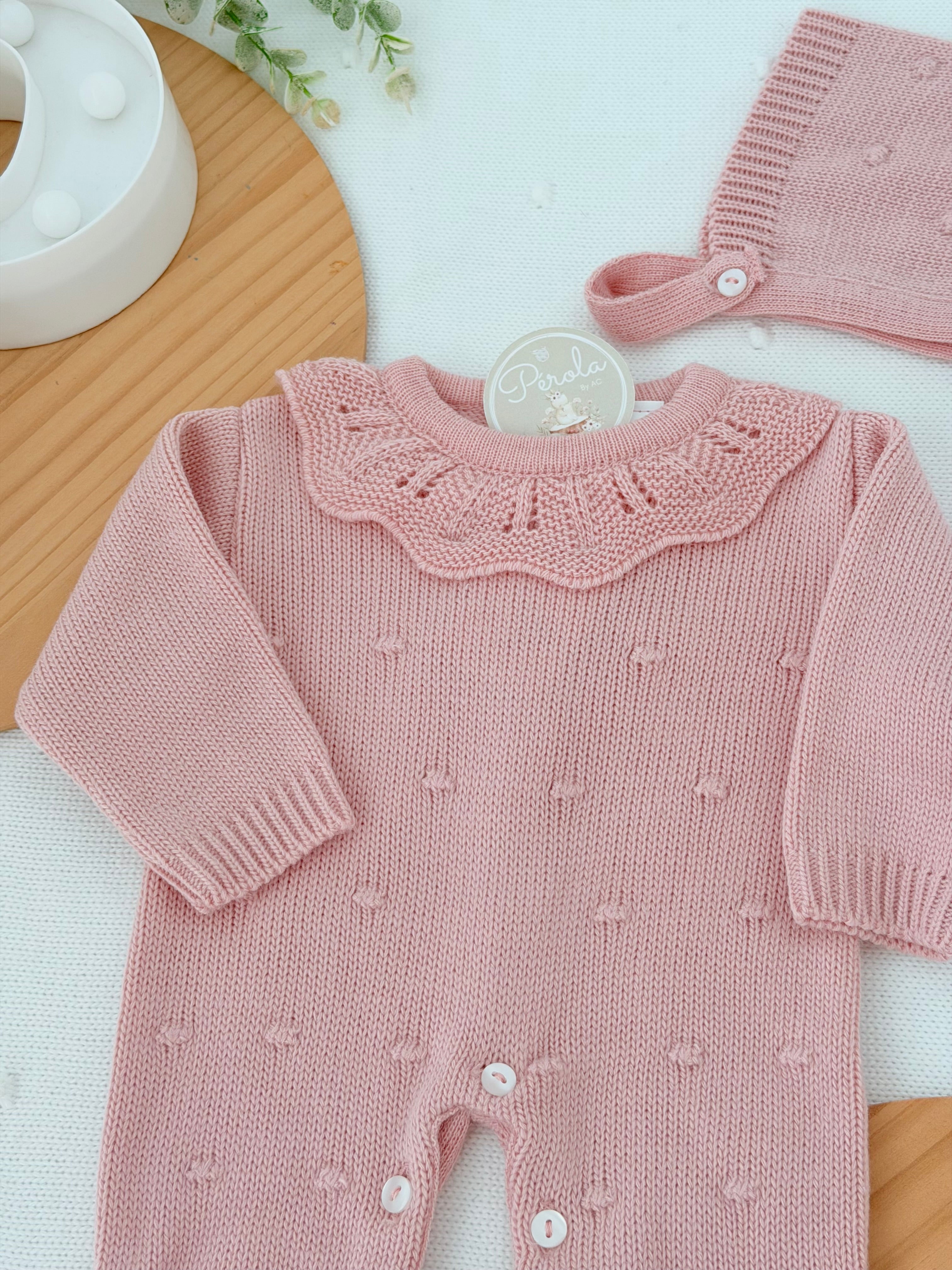 Babygrow e touca Rosa Velho em malha Outono Inverno
