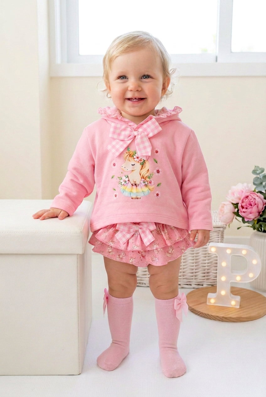 Conjunto Unicórnio Encantado Rosa – Camisola com Capuz e Tapa-Fraldas 6-36M