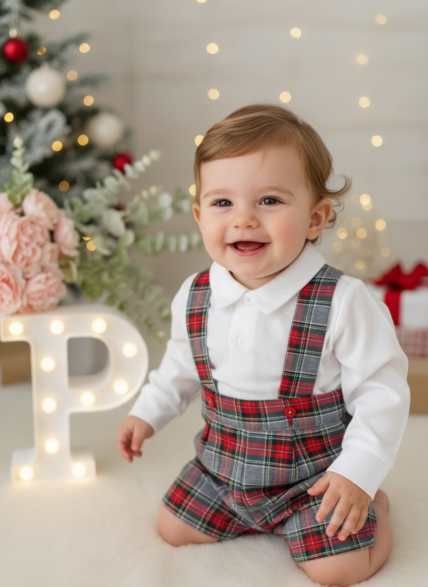 Conjunto menino xadrez cinzento e verde: Calções com alças e camisa
