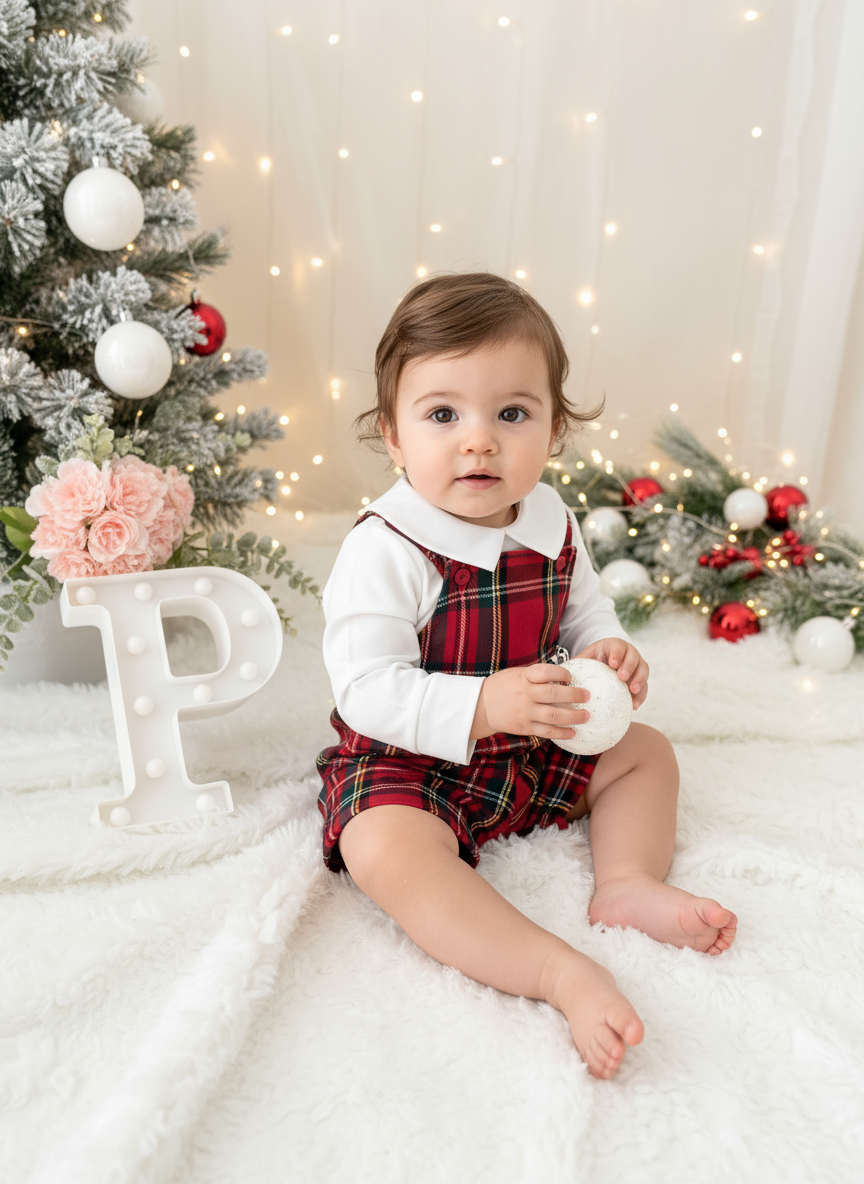 Conjunto Menino Tartan Vermelho e Preto - Jardineiras Calções e Camisa