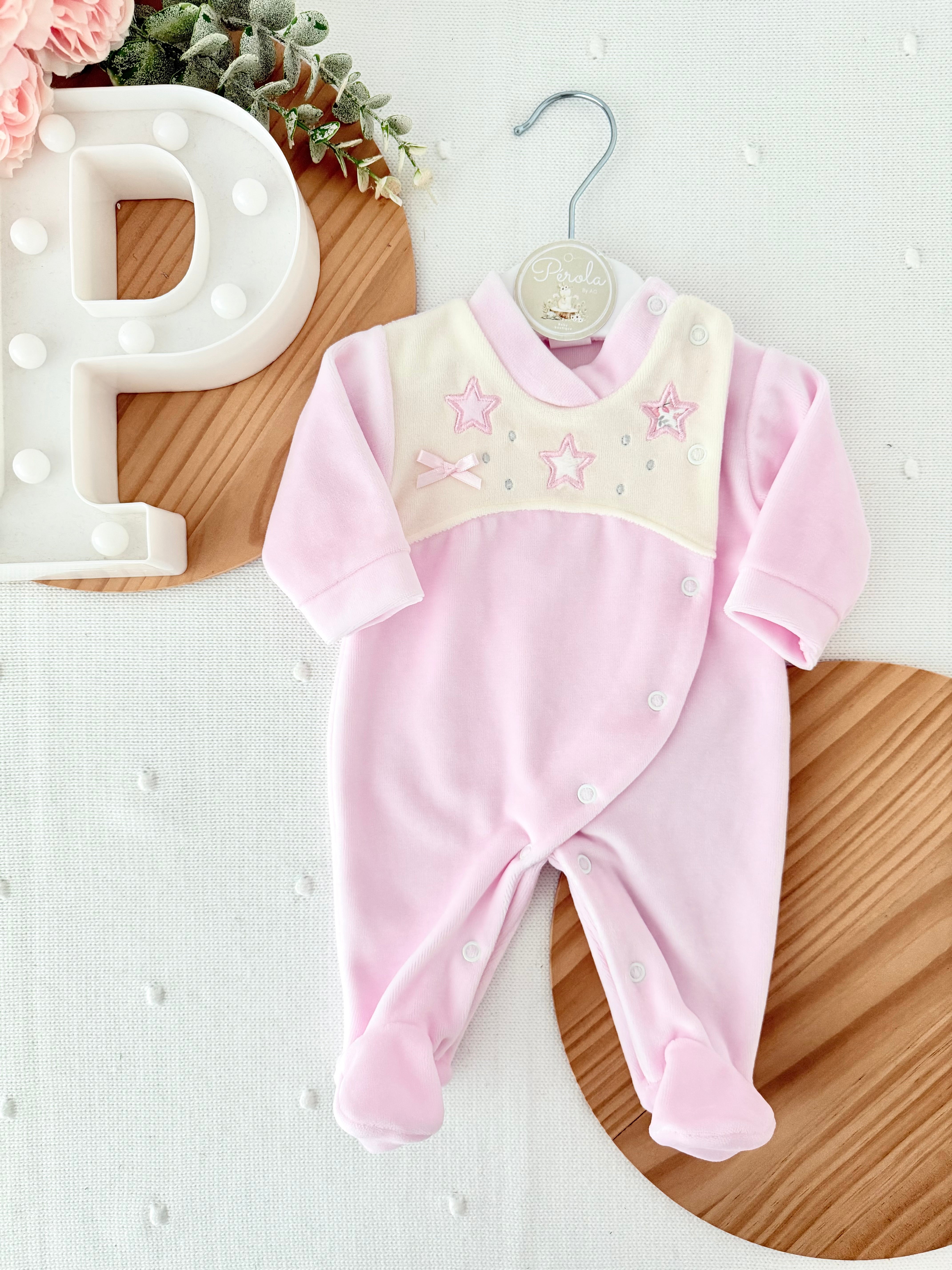 Babygrow Veludo Bebé com Estrelas Bordadas - Recém-Nascido