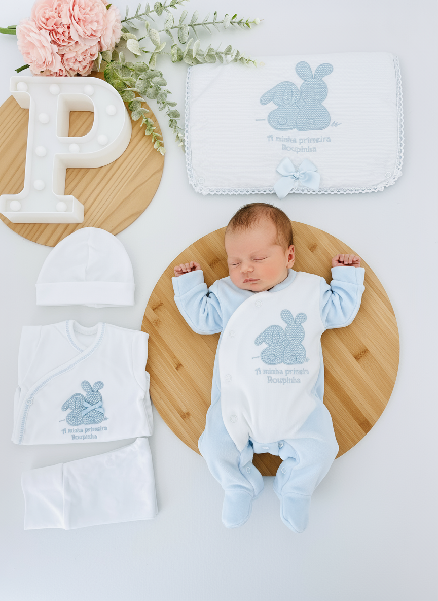 Conjunto primeira roupinha em veludo tema coelhinhos