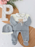Conjunto malha ursinho: camisola, calças e gorro 0/3M