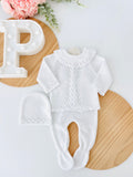 Conjunto malha com golinha: camisola, calças e touca