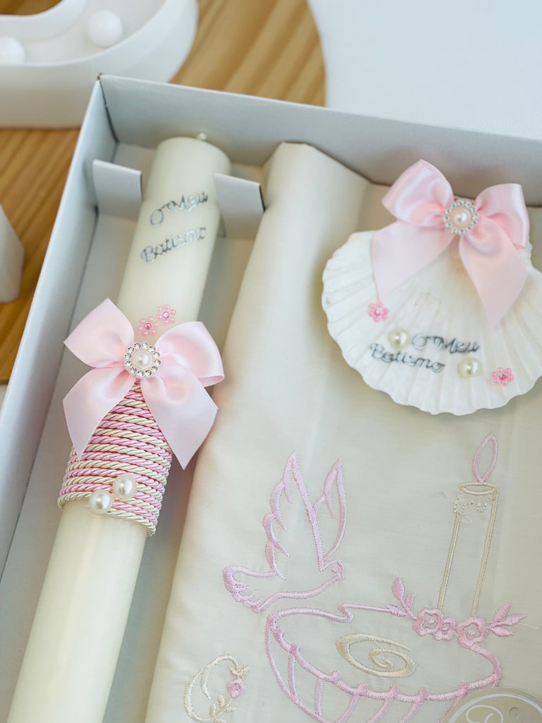 Conjunto para Batizado: vela, toalha e concha Batizado Pomba