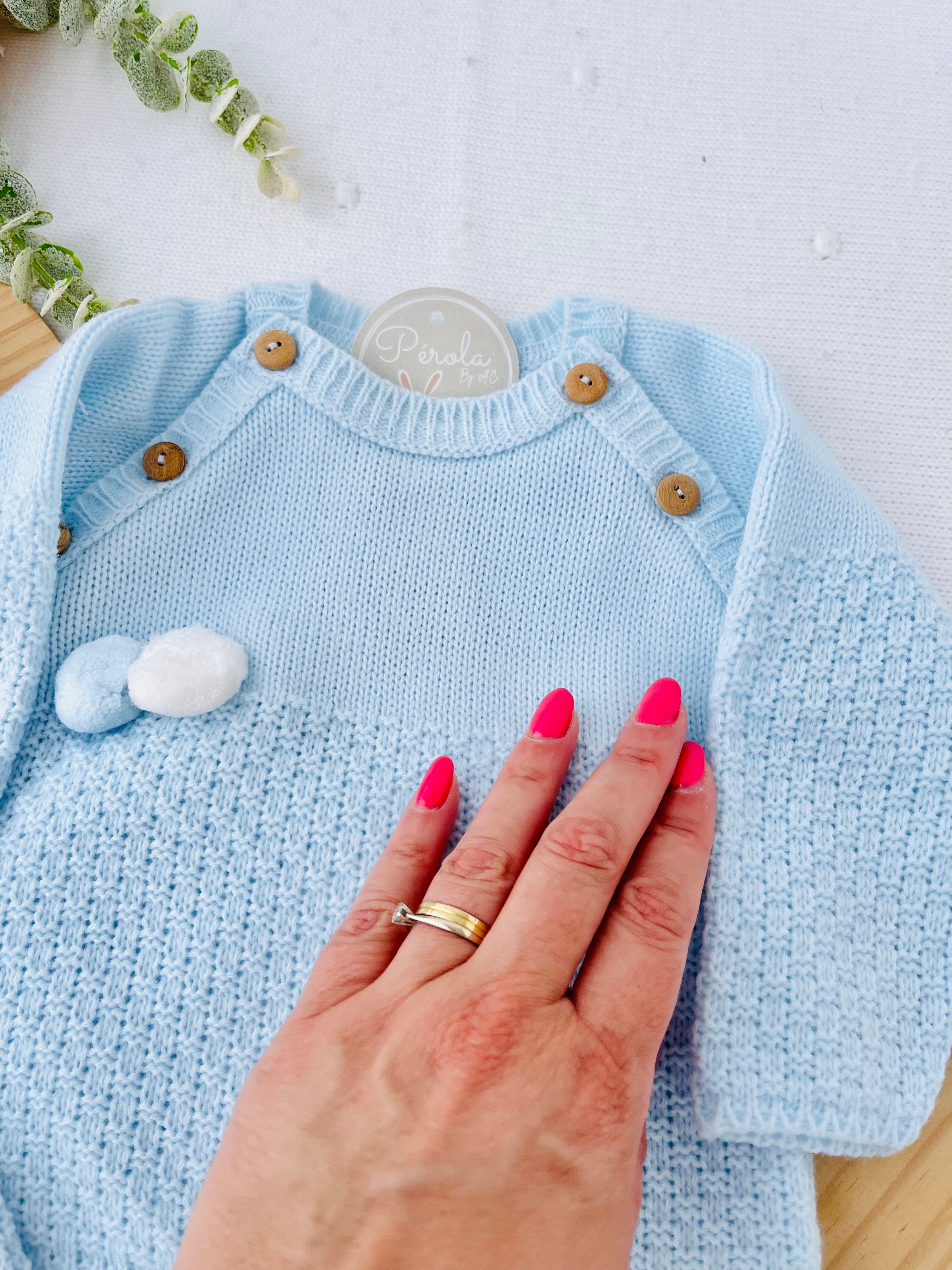 Conjunto menino malha azul: camisola, calças e gorro Outono/Inverno