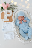 Pack saída de maternidade Azul 5 peças: body, calças, jardineiras, camisola e gorro