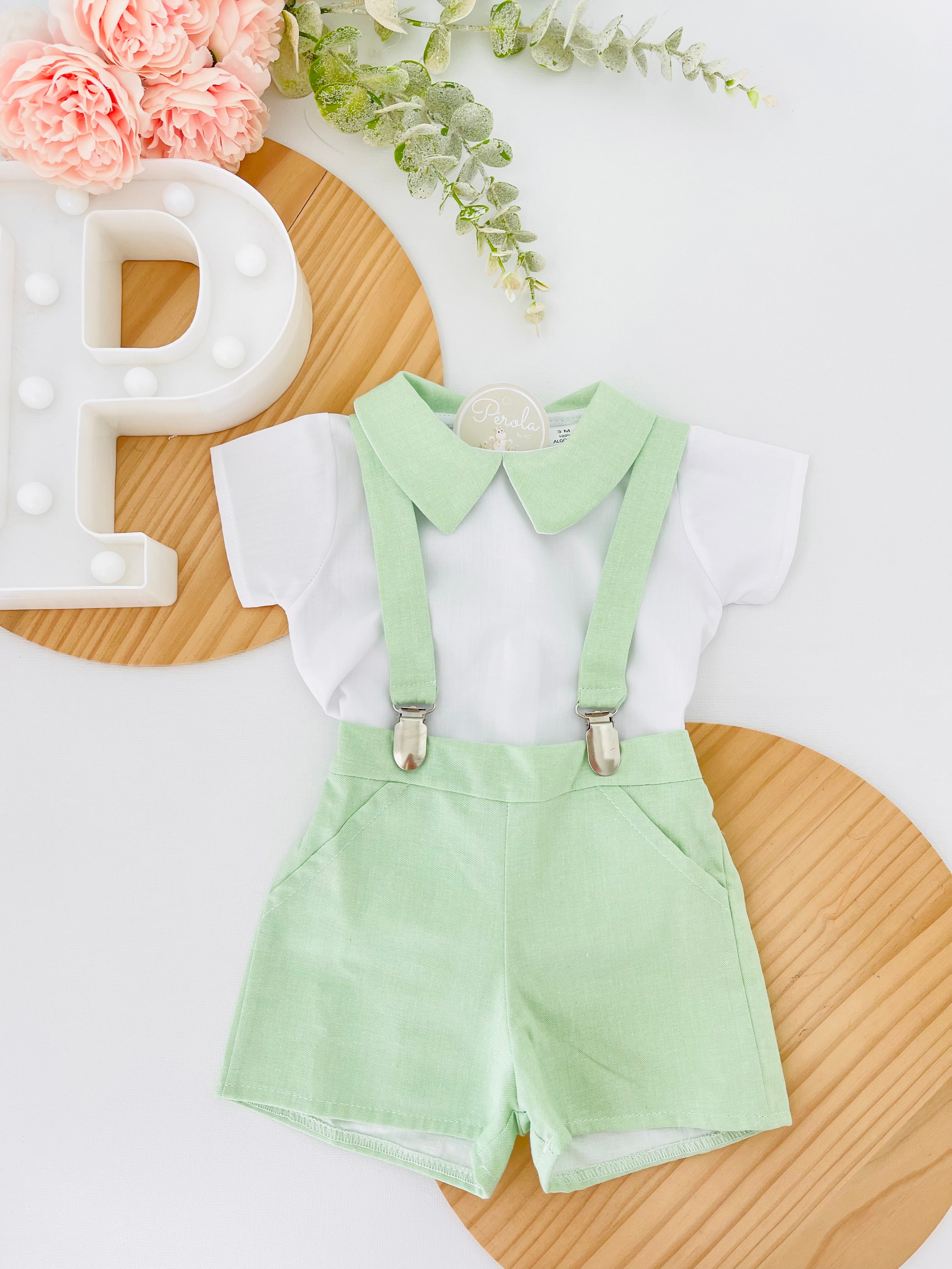 Conjunto Pequeno Príncipe: calções com suspensórios e camisa 3-12M