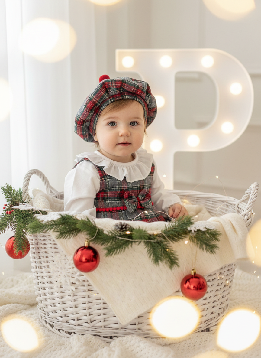 Conjunto Menina Tartan Vermelho e cinza - Vestido, Blusa e Bóina