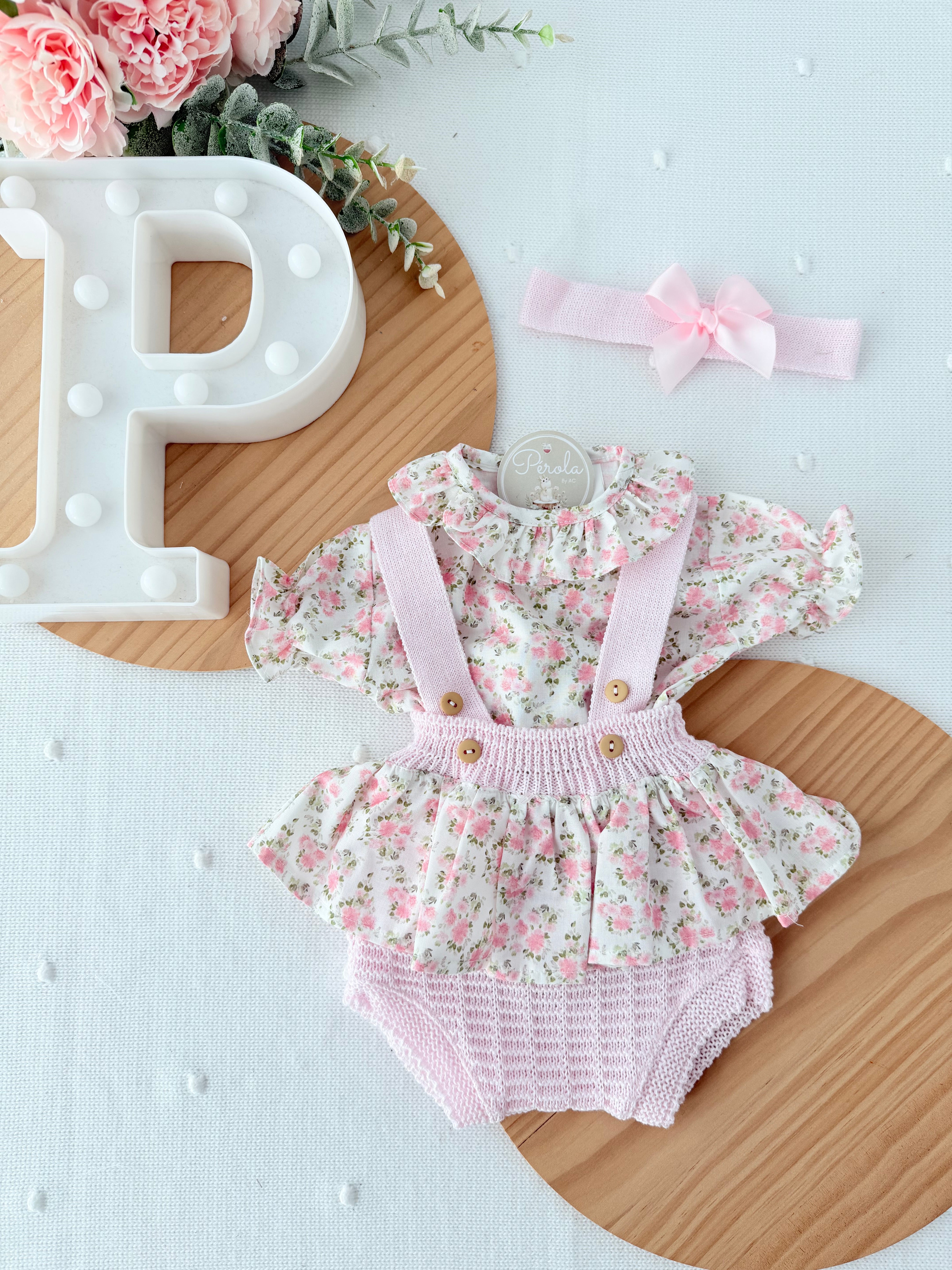 Fofo, fita para cabelo e blusa rosa - recém nascidos