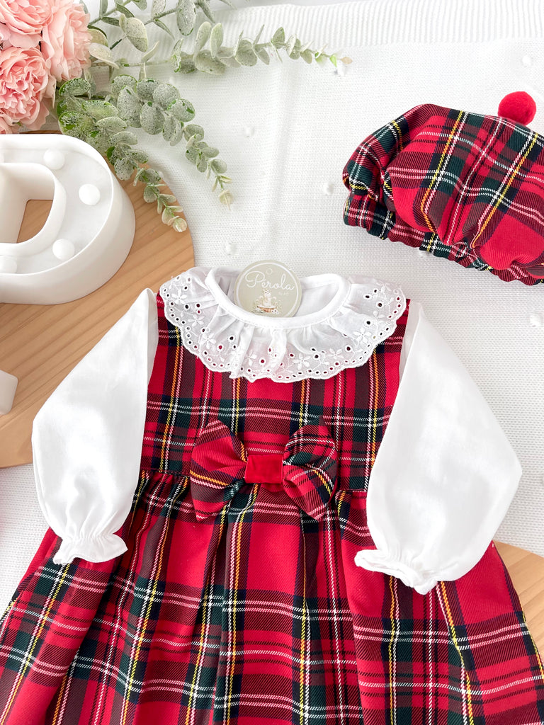 Conjunto Menina Tartan Vermelho e Preto - Vestido, Blusa e Bóina