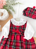 Conjunto Menina Tartan Vermelho e Preto - Vestido, Blusa e Bóina