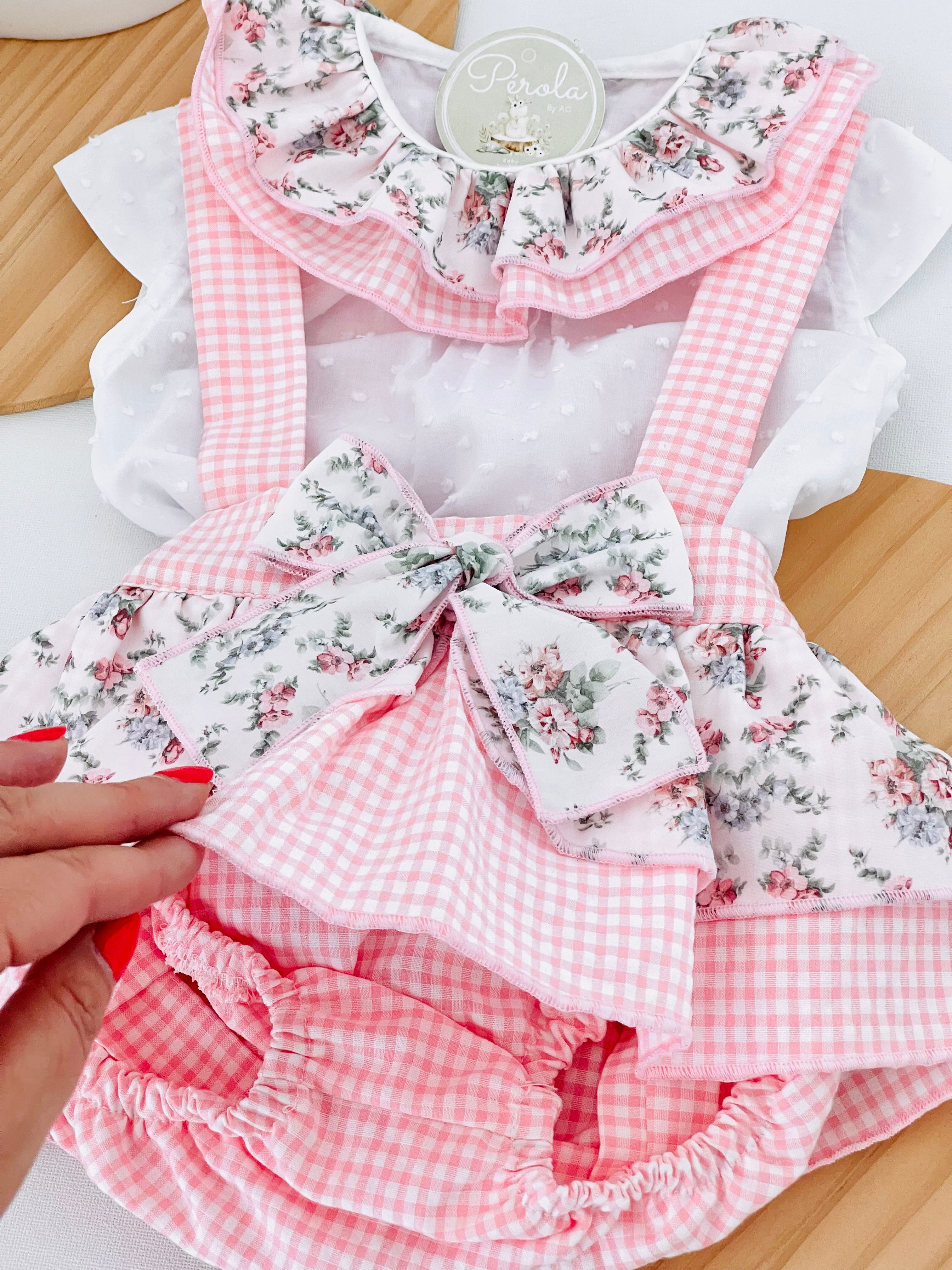 Conjunto Leonor: saia/tapa fraldas e blusa 6-36M