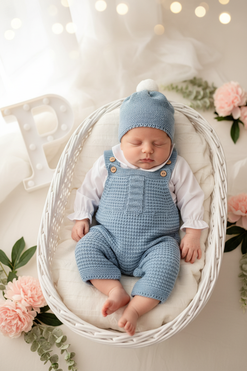 Saída de maternidade AZUL Cobalto : jardineiras, camisa e gorro 100% algodão Primavera/Verão