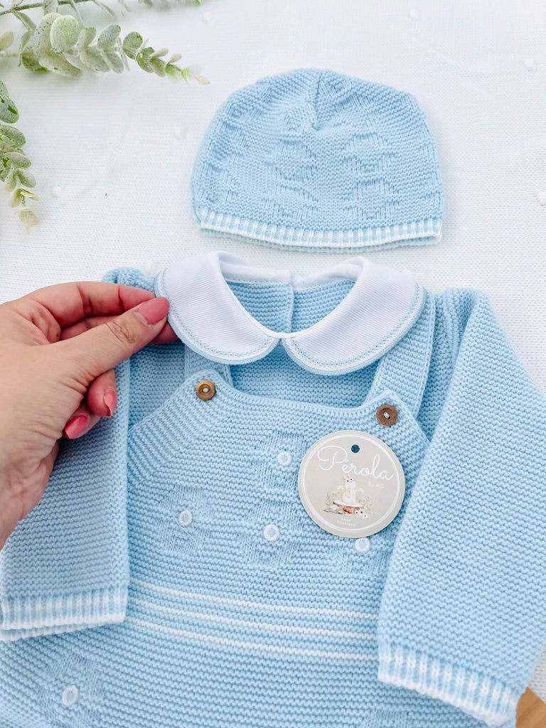 Pack saída de maternidade Azul 5 peças: body, calças, jardineiras, camisola e gorro