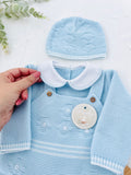 Pack saída de maternidade Azul 5 peças: body, calças, jardineiras, camisola e gorro