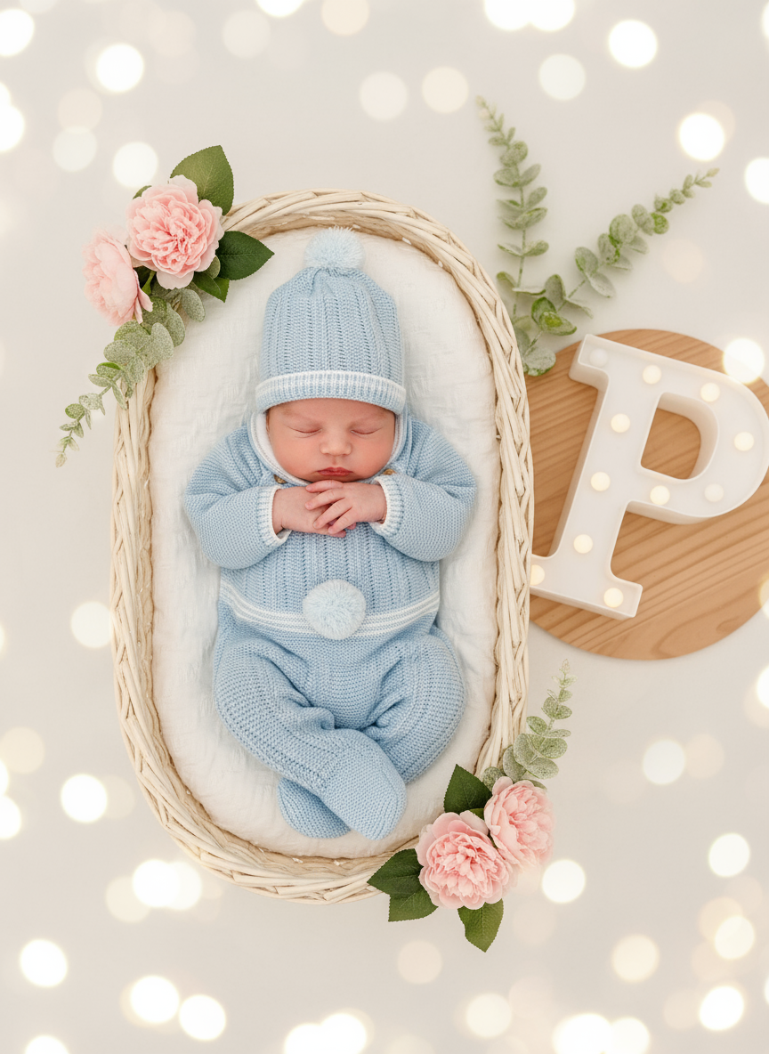 Conjunto Pompom Azul: jardineiras, camisola e gorro