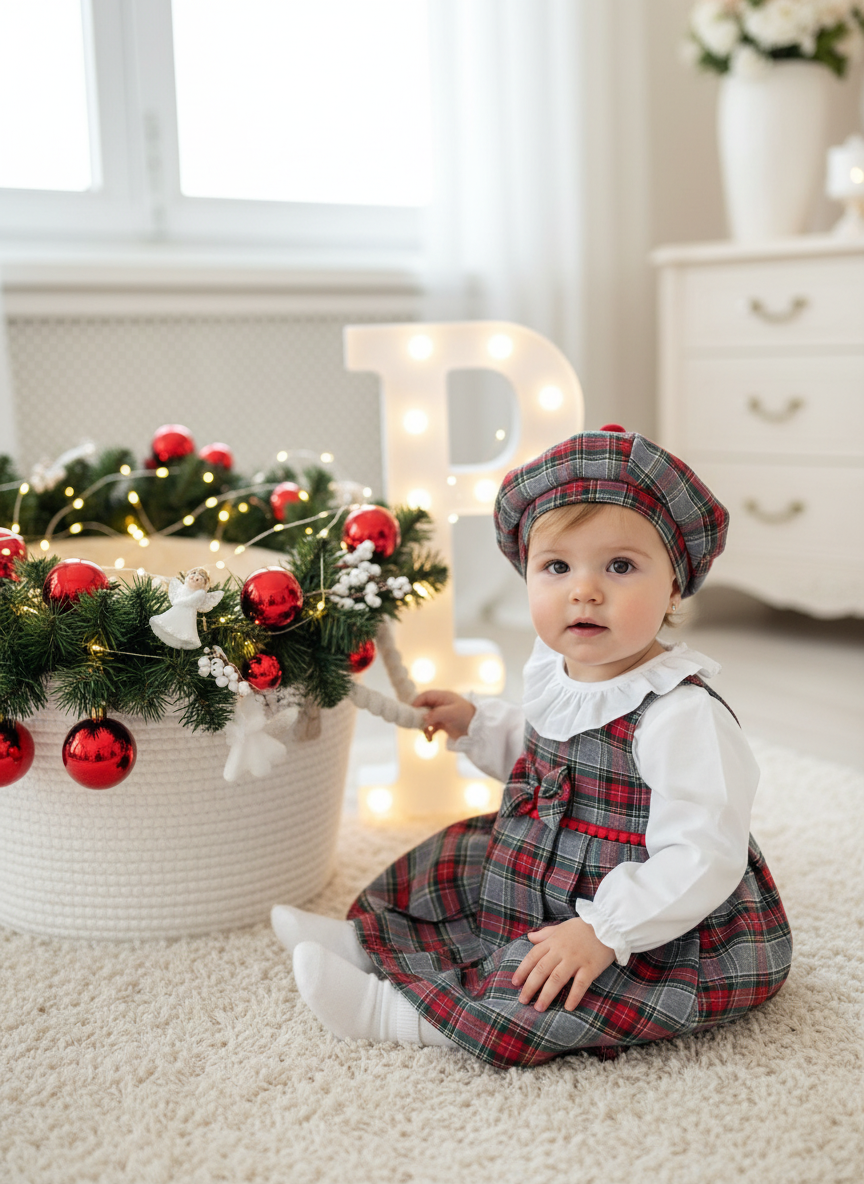 Conjunto Menina Tartan Vermelho e cinza - Vestido, Blusa e Bóina