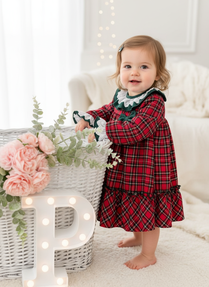 Vestido tartan com detalhes em verde