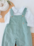Conjunto verde: jardineiras bombazine e camisola com carda 3-12M
