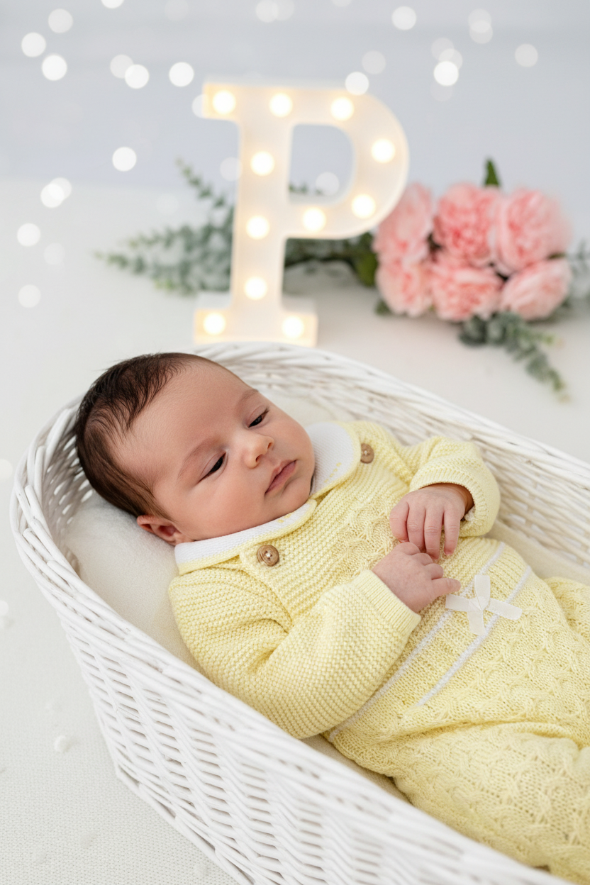 Pack saída de maternidade AMARELO 5 peças: body, calças, jardineiras, camisola e gorro