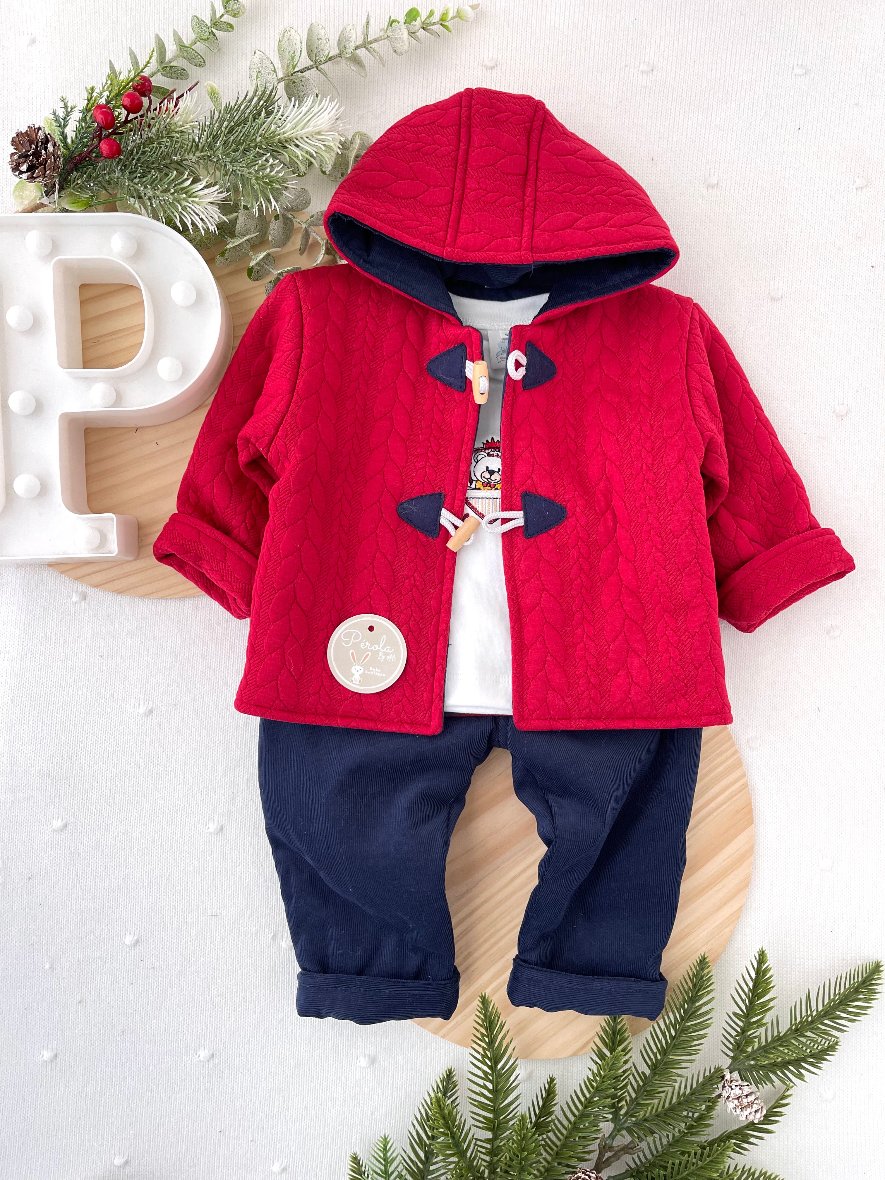 Conjunto quentinho 3 peças: casaco, calças e camisola