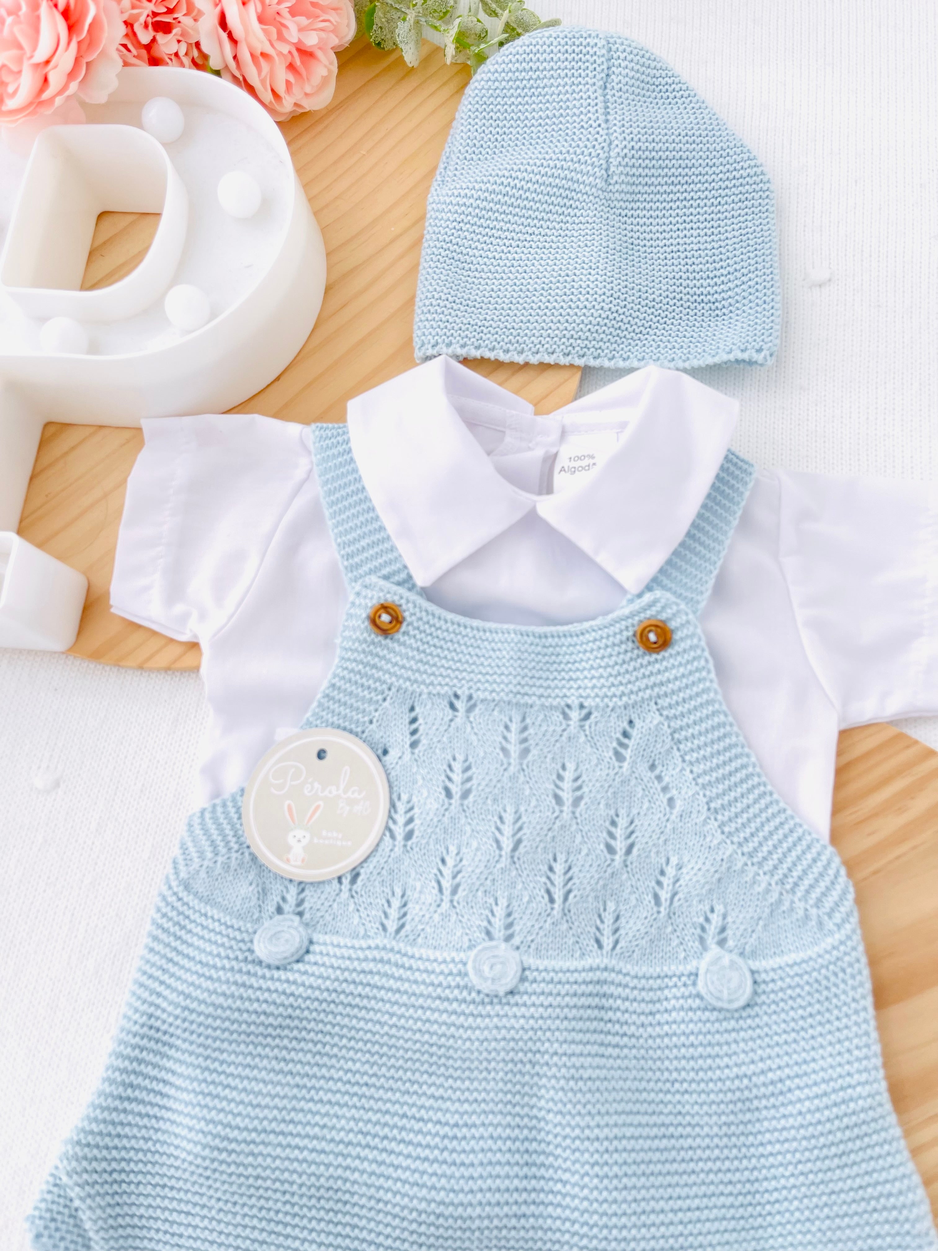 Conjunto menino: fofo, camisa e gorro