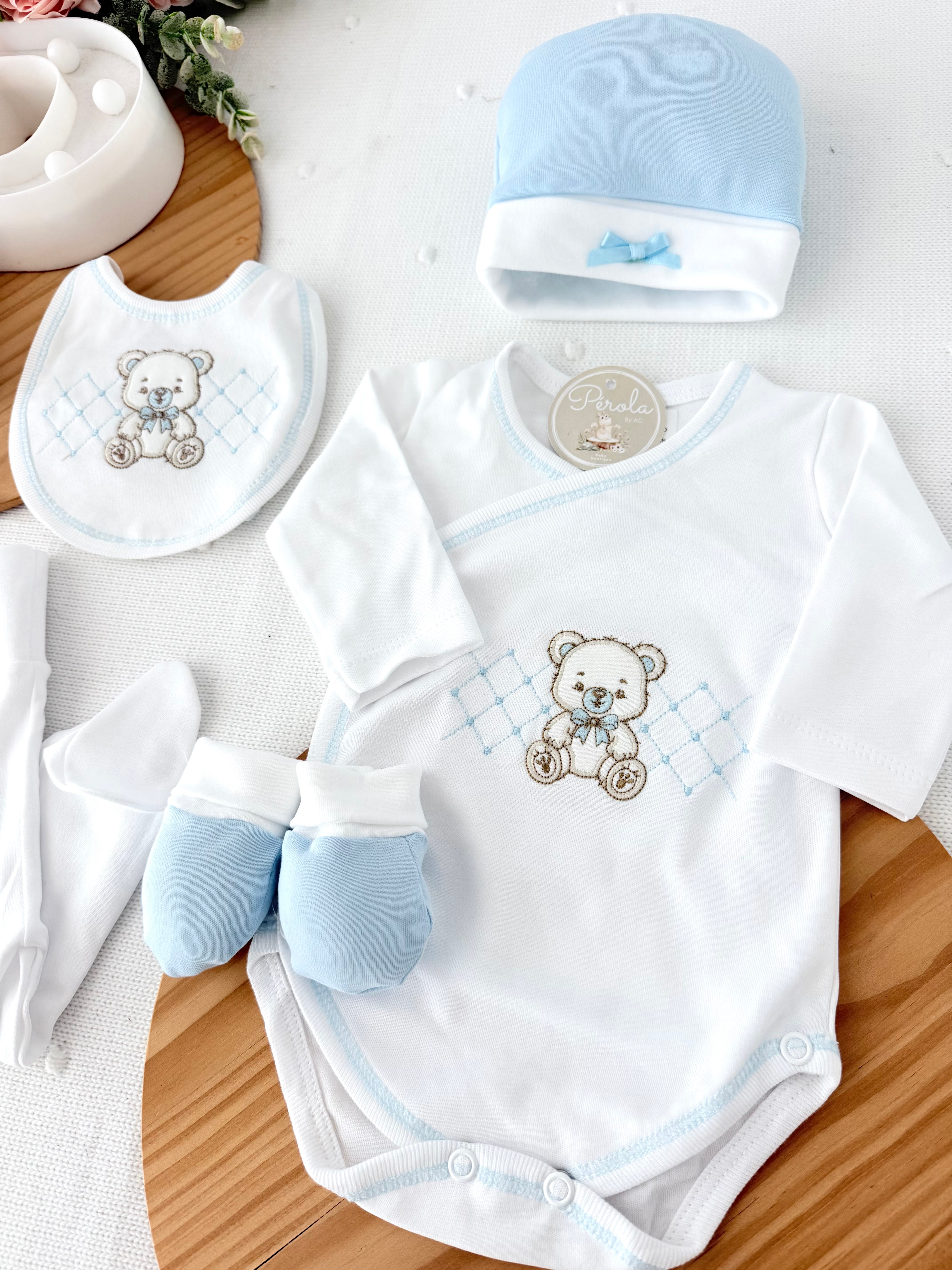 Pack interiores ursinho: body, calças, gorro, luvas e babete