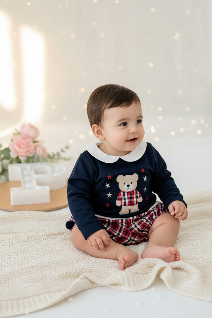 Conjunto ursinho xadrez: calções e camisola