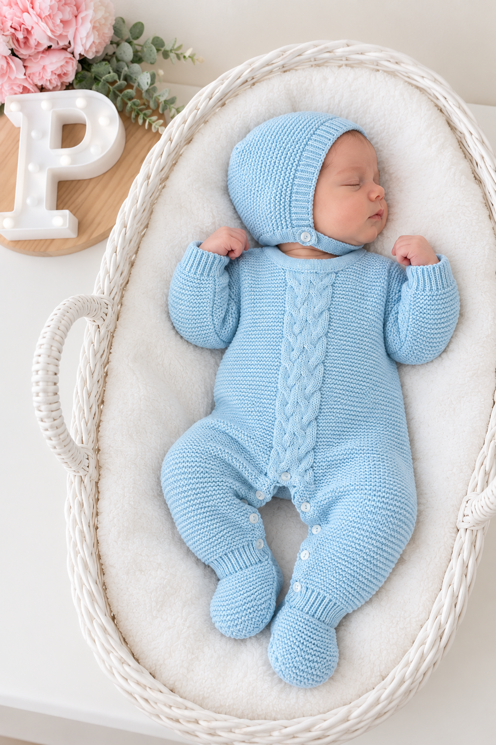 Babygrow e touca azul- saída de maternidade