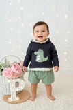 Conjunto dinossauro menino: camisola com capuz e calções