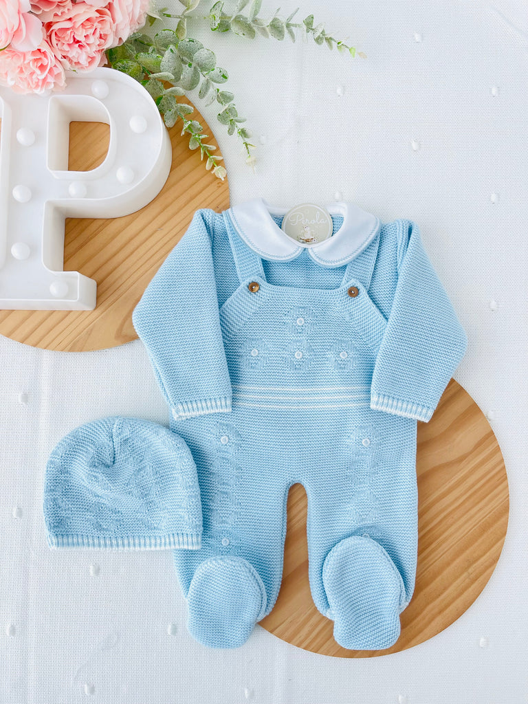 Saída de maternidade azul: jardineiras, camisola e gorro Outono/Inverno