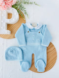 Saída de maternidade azul: jardineiras, camisola e gorro Outono/Inverno