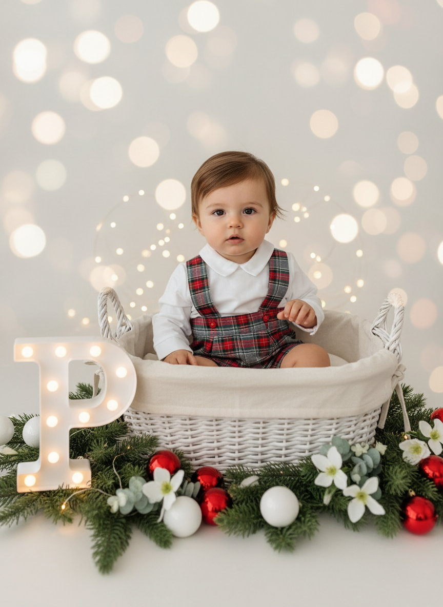 Conjunto menino xadrez cinzento e verde: Calções com alças e camisa