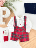 Conjunto Menino Tartan Vermelho e Azul - Calções com Alças e Camisa