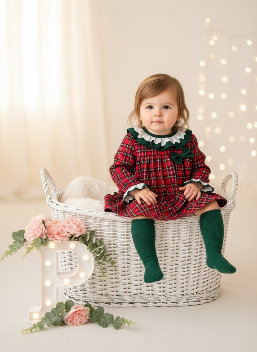 Vestido tartan com detalhes em verde