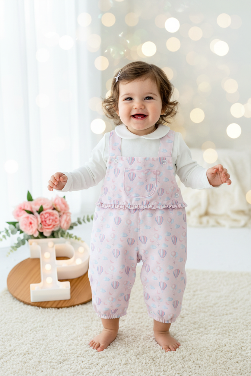 Conjunto balões rosa: Jardineiras forradas e camisola Outono Inverno
