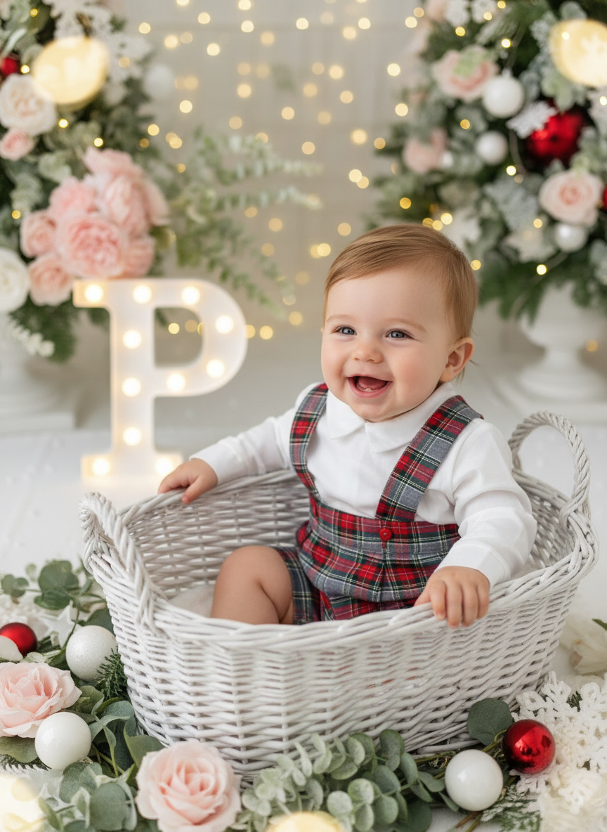 Conjunto menino xadrez cinzento e verde: Calções com alças e camisa