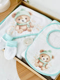 Pack ursinho: toalha de banho, luvas e babete impermeável