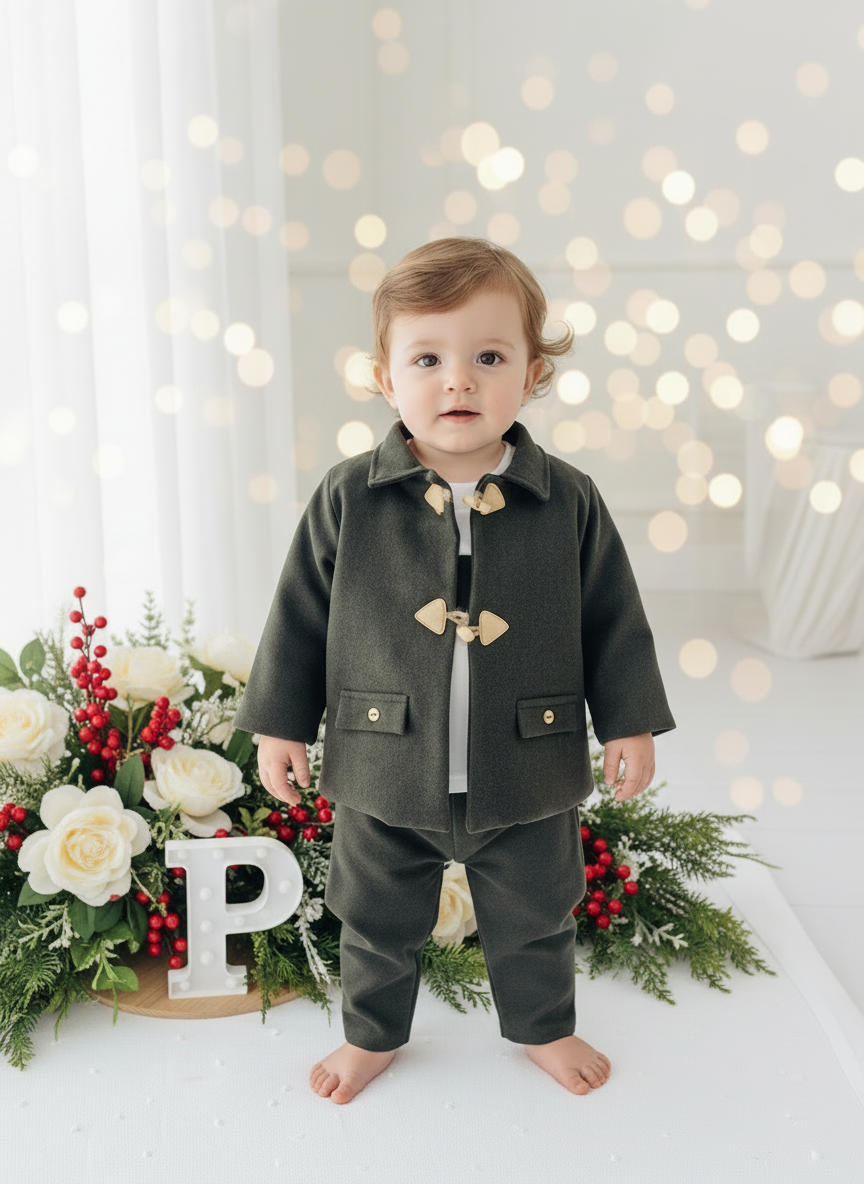 Conjunto menino em fazenda 3 peças: casaco, calças e camisola