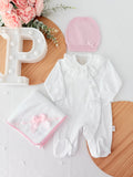 Pack 3 peças Branco/ROSA: Babygrow, gorro malha e fralda