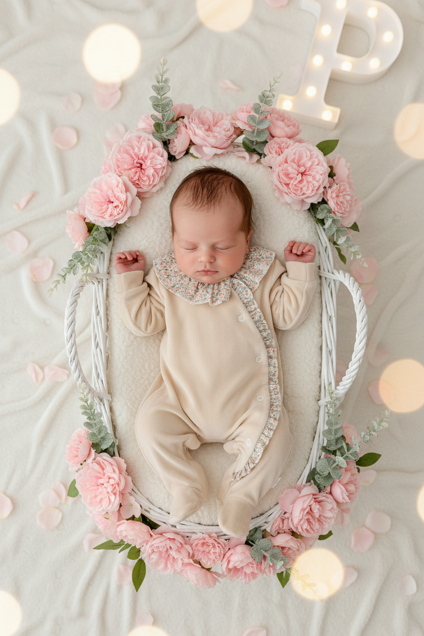 Babygrow tema flores em VELUDO bege