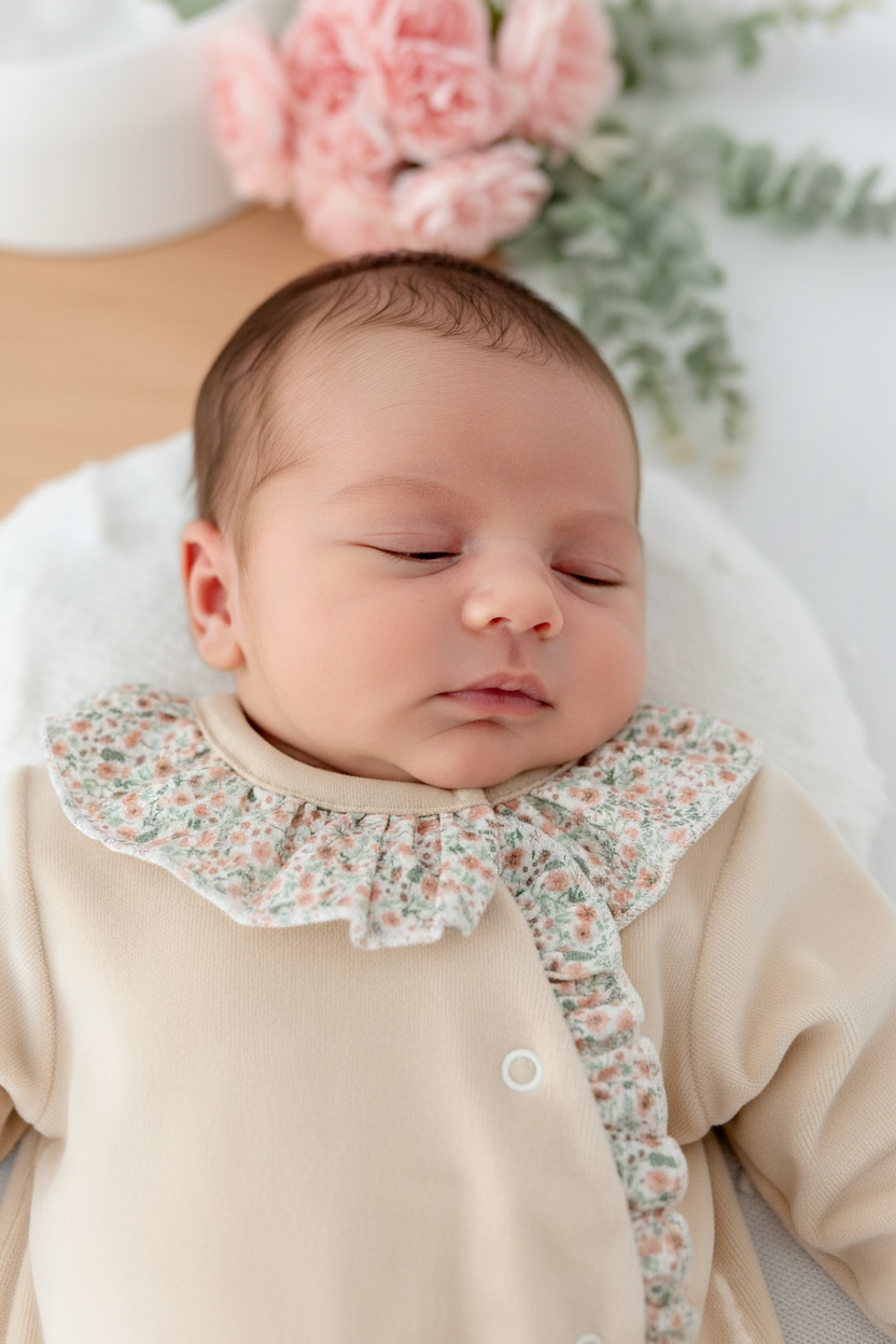 Babygrow tema flores em VELUDO bege