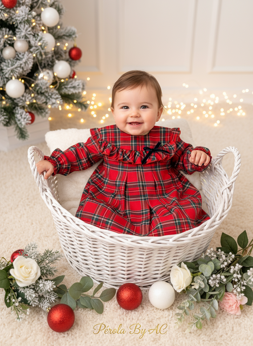 Vestido xadrez vermelho com laço azul veludo