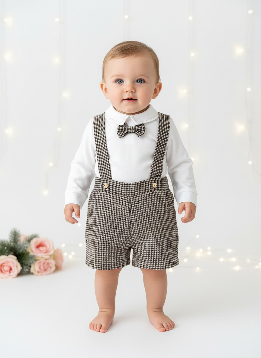 Conjunto xadrez castanho  menino: calções, camisa e laço xadrez